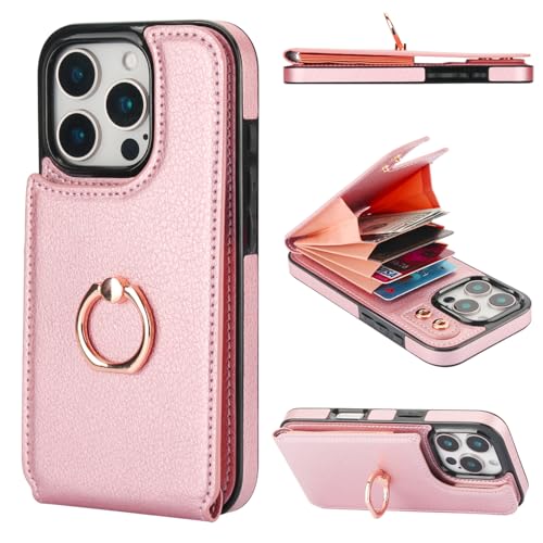 Folosu Schutzhülle für iPhone 16 Pro, Brieftasche, mit Kartenhalter, 360° drehbar, Fingerringhalter, Ständer, RFID-blockierend, Leder, doppelte Tasten, stoßfeste Abdeckung, 16,3 cm, Roségold Folosu Schutzhülle für iPhone 16 Pro, Brieftasche, mit Kartenhalter, 360° drehbar, Fingerringhalter, Ständer, RFID-blockierend, Leder, doppelte Tasten, stoßfeste Abdeckung, 16,3 cm, Roségold von Folosu