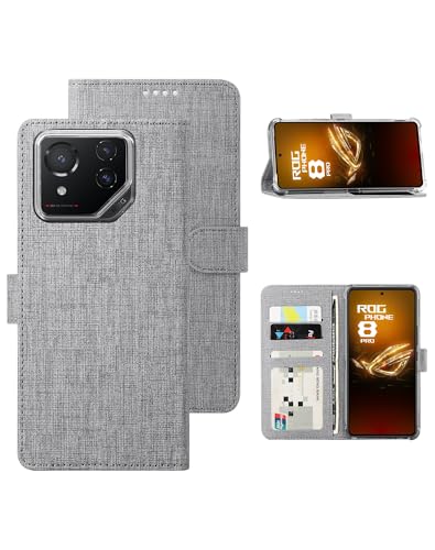 Foluu Handyhülle für Asus ROG Phone 8/8 Pro Hülle, Brieftaschen-Hülle [Premium Leder] [Standfunktion] [Kartenfach] [Magnetverschluss] TPU Bumper Stoßfeste Klapphüllen für ROG Phone 8 2024 (Grau) von Foluu