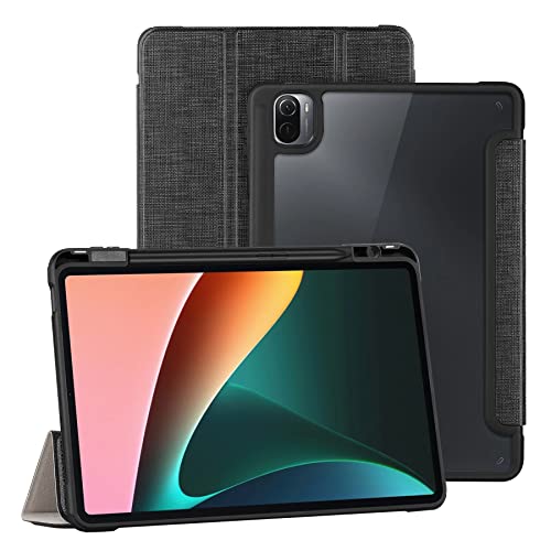 Foluu Hülle für Xiaomi Pad 5/Pad 5 Pro mit Stifthalter, Transparent Harter Polycarbonat-Rahmen TPU-Rückabdeckung Standfunktion Smart PU-Abdeckung Auto Sleep/Wake für Xiaomi Pad 5/Pad 5 Pro (schwarz) von Foluu