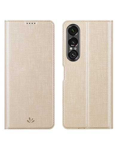 Foluu Schutzhülle für Sony Xperia 1 VII 2025 (dünn), Premium-PU-Leder, Ausweis, Kreditkartenfächer, Ständer, Magnetverschluss, TPU-Bumper für Sony Xperia 1 VII 2025 (Gold) von Foluu