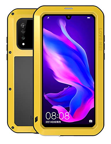 Fonrest Ganzkörper Hülle für Huawei P30 Lite, Love MEI 6,15-Zoll Schwerlast Hybride Aluminium Metall Stoßfest Schneesicher Staubdicht Case mit Hartglas, Unterstützt Wireless Charging (Gelb) von Fonrest