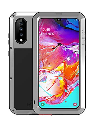 Fonrest IP68 Wasserdicht Hülle für Samsung Galaxy A70(6,7-Zoll), Love MEI Ganzkörper Schwerlast Hybride Aluminium Metall Stoßfest Case mit Hartglas, Unterstützt Wireless Charging (Silber) von Fonrest