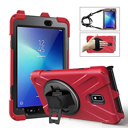 Fonrest Schwerlast Hülle für Samsung Galaxy Tab Active 2 8.0-Zoll T390/T395/T397, Hybrid Stoßfest Fall mit 360° drehbar Handgriff, Ständer, Schulter Gurt, S-Stift Halter (Rot) von Fonrest