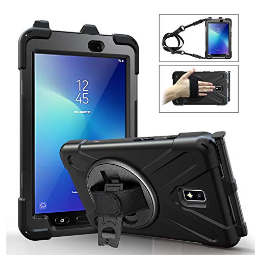 Fonrest Schwerlast Hülle für Samsung Galaxy Tab Active 2 8.0-Zoll T390/T395/T397, Hybrid Stoßfest Fall mit 360° drehbar Handgriff, Ständer, Schulter Gurt, S-Stift Halter (Schwarz) von Fonrest