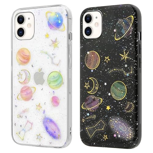 Foonary 2 Stück Handyhülle für Apple iPhone 12 Mini Planet Hülle 5,4", Transparent Universum Stern Design Case Aesthetic Mädchen Frauen Schutzhülle, Weich TPU Silikon Stoßfest für iPhone 12 Mini Cover von Foonary