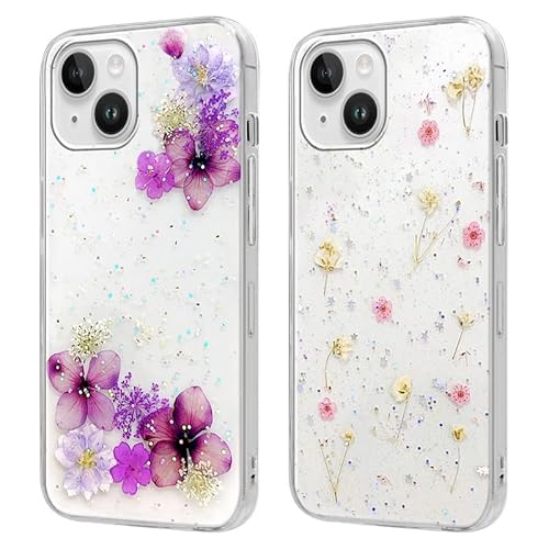 Foonary 2 Stück Handyhülle für Apple iPhone 13 Mini Hülle 5,4", Transparent Getrocknete Blumen Design Case Aesthetic Mädchen Frauen Schutzhülle, Weich TPU Silikon Stoßfest für iPhone 13 Mini Cover von Foonary