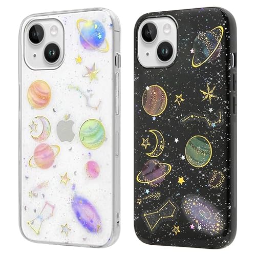 Foonary 2 Stück Handyhülle für Apple iPhone 14/Apple iPhone 13 Planet Hülle 6,1", Transparent Universum Design Case Aesthetic Mädchen Frauen Schutzhülle, Weich Silikon Stoßfest für iPhone 14/13 Cover von Foonary