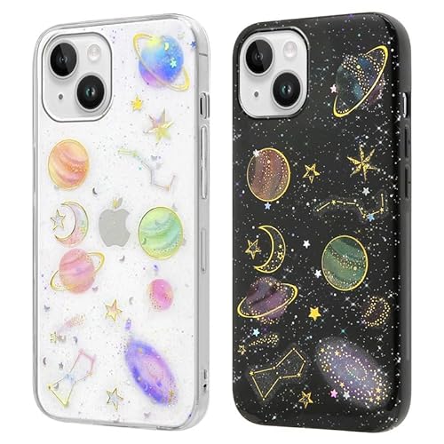 Foonary 2 Stück Handyhülle für Apple iPhone 15 Planet Hülle 6,1", Transparent Universum Stern Design Case Aesthetic Mädchen Frauen Schutzhülle, Weich TPU Silikon Stoßfest für iPhone 15 Cover von Foonary