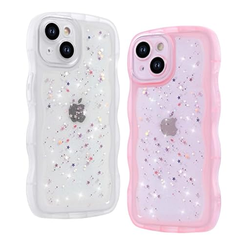 Foonary 2 Stück Transparent Hülle Kompatibel für Apple iPhone 15 Plus 6,7" Handyhülle Glitzer Aesthetic Design Frauen Mädchen Stern Wellen Schutzhülle, Stoßfeste Silikon Case Cover für iPhone 15 Plus von Foonary