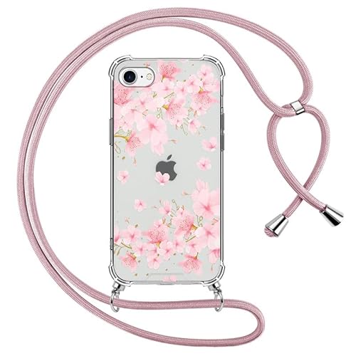 Foonary Handykette Handyhülle für Apple iPhone 8/7/SE 2020/SE 2022 4,7" Hülle mit Band, Transparent TPU+PC Case mit Kette Stoßfeste Schutzhülle mit Kordel Schnur zum Umhängen für iPhone 7, Blumen1 von Foonary