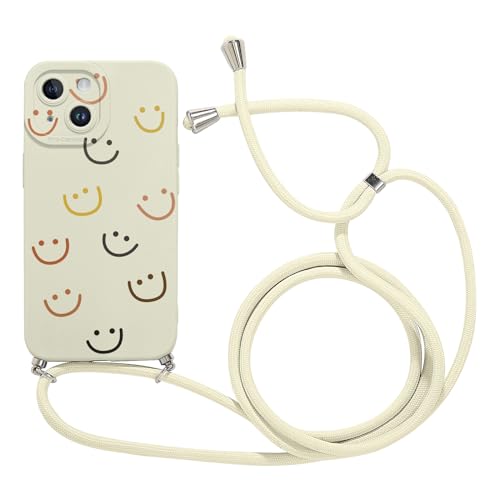 Foonary Handykette Hülle für Apple iPhone 13 6,1", Aesthetic Muster Handyhülle mit Band Kette Case (Abnehmbar), Slim Silikon Stoßfest Kratzfest Bumper Schutzhülle Cover mit Schnur Kordel, Smiley 01 von Foonary