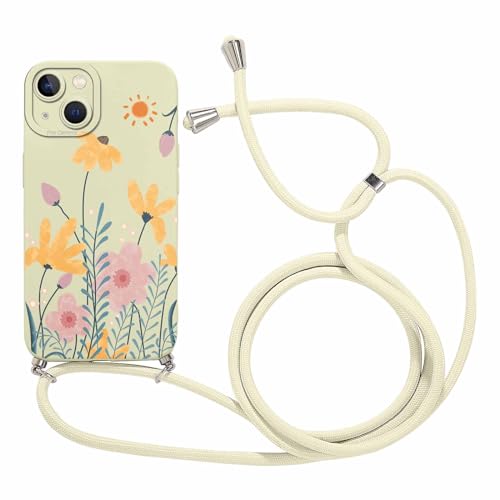 Foonary Handykette Hülle für Apple iPhone 13 Mini 5,4", Aesthetic Muster Handyhülle mit Band Kette Case, Silikon Bumper Schutzhülle Cover mit Schnur Kordel für iPhone 13 Mini, Blume 01 von Foonary