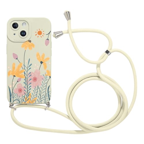 Foonary Handykette Hülle für Apple iPhone 14 6,1", Aesthetic Muster Handyhülle mit Band Kette Case (Abnehmbar), Slim Silikon Stoßfest Kratzfest Bumper Schutzhülle Cover mit Schnur Kordel, Blume 01 von Foonary