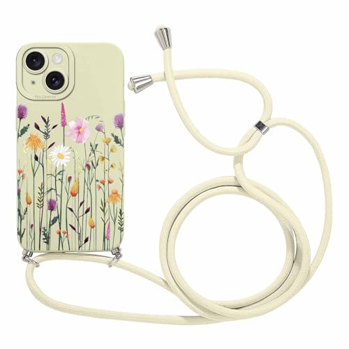 Foonary Handykette Hülle für Apple iPhone 15 6,1", Aesthetic Muster Handyhülle mit Band Kette Case, Silikon Stoßfest Bumper Schutzhülle Cover mit Schnur Kordel für iPhone 15, Blume 09 von Foonary