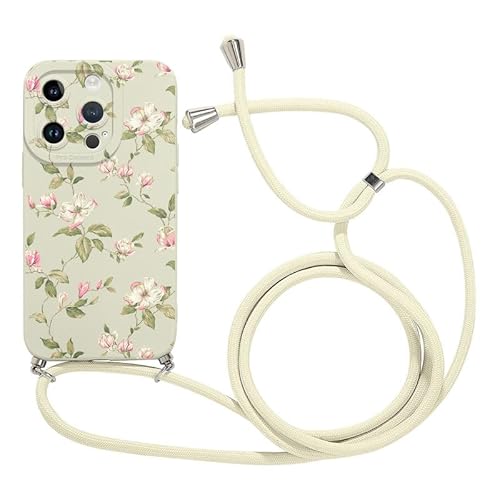 Foonary Handykette Hülle für iPhone 15 Pro 6,1", Aesthetic Muster Handyhülle mit Band Kette Case (Abnehmbar), Slim Silikon Stoßfest Kratzfest Bumper Schutzhülle Cover mit Schnur Kordel, Blume 04 von Foonary