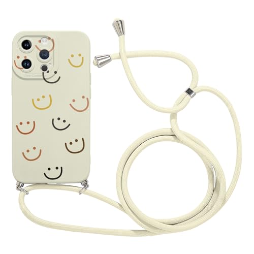 Foonary Handykette Hülle für iPhone 15 Pro 6,1", Aesthetic Muster Handyhülle mit Band Kette Case (Abnehmbar), Slim Silikon Stoßfest Kratzfest Bumper Schutzhülle Cover mit Schnur Kordel, Smiley 01 von Foonary