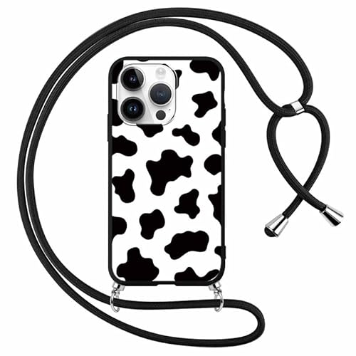 Foonary Handykette Hülle mit Band für Apple iPhone 14 Pro 6,1" Handyhülle, Aesthetic Design Kette Necklace Case mit Kordel zum Umhängen Silikon Bumper Schutzhülle Cover Schnur für iPhone 14 Pro, Cow von Foonary