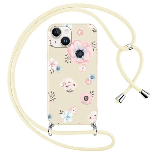 Foonary Handykette Hülle mit Band für Apple iPhone 15 6,1" Handyhülle, Aesthetic Design Kette Necklace Case mit Kordel zum Umhängen Silikon Bumper Schutzhülle Cover Schnur für iPhone 15, Blumen 3 von Foonary