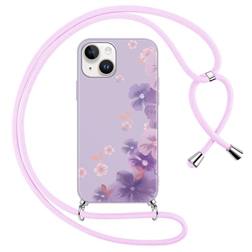 Foonary Handykette Hülle mit Band für Apple iPhone 15 6,1" Handyhülle, Aesthetic Design Kette Necklace Case mit Kordel zum Umhängen Silikon Bumper Schutzhülle Cover Schnur für iPhone 15, Blumen 5 von Foonary