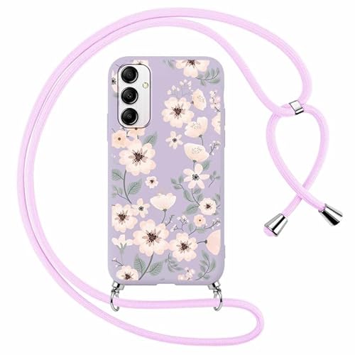 Foonary Handykette Hülle mit Band für Samsung Galaxy A14 5G 6,8" Handyhülle, Aesthetic Kette Necklace Case mit Kordel zum Umhängen Silikon Bumper Schutzhülle Cover Schnur für Samsung A14 5G, Blumen 8 von Foonary