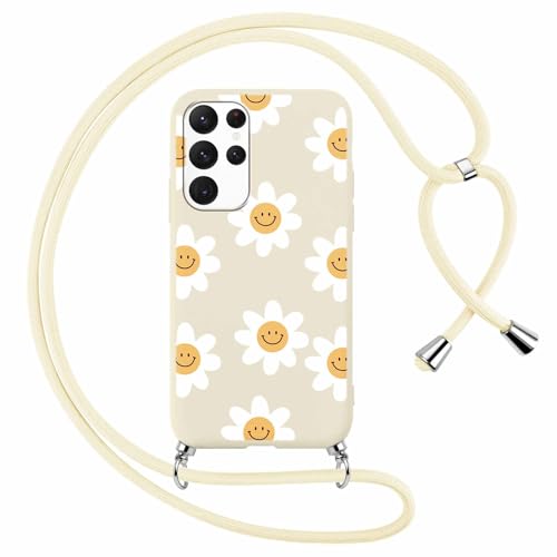 Foonary Handykette Hülle mit Band für Samsung Galaxy S21 Ultra 5G / S30 Ultra 6,8" Handyhülle, Blumen Smile Design Kette Necklace Case mit Kordel zum Umhängen Silikon Bumper Schutzhülle Cover Schnur von Foonary