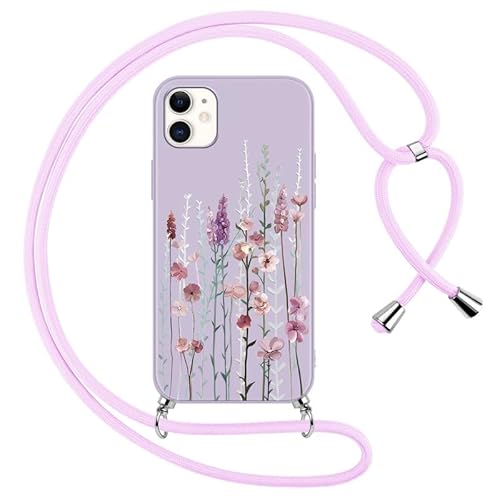 Foonary Handykette Hülle mit Kette für Apple iPhone 11 6,1" Handyhülle, Blumen Lavendel Design Band Necklace Case mit Kordel zum Umhängen Silikon Bumper Kratzfest Schutzhülle Cover Schnur für iPhone11 von Foonary