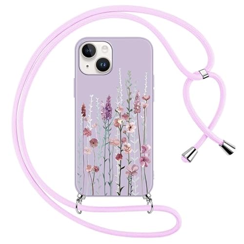 Foonary Handykette Hülle mit Kette für Apple iPhone 14/Apple iPhone 13 6,1" Handyhülle, Blumen Lavendel Design Band Necklace Case mit Kordel zum Umhängen Silikon Schutzhülle Cover Schnur für iPhone 14 von Foonary