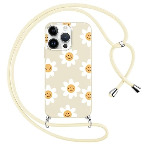 Foonary Handykette Hülle mit Kette für Apple iPhone 14 Pro 6,1" Handyhülle, Blumen Smiley Design Band Necklace Case mit Kordel zum Umhängen Silikon Bumper Schutzhülle Cover Schnur für iPhone 14 Pro von Foonary