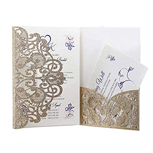 Hochzeits-Einladungskarten mit Umschlägen, lasergeschnitten, hohl, funkelnde Oberfläche, romantische Grußkarte, 10 Stück gold von ForeWan