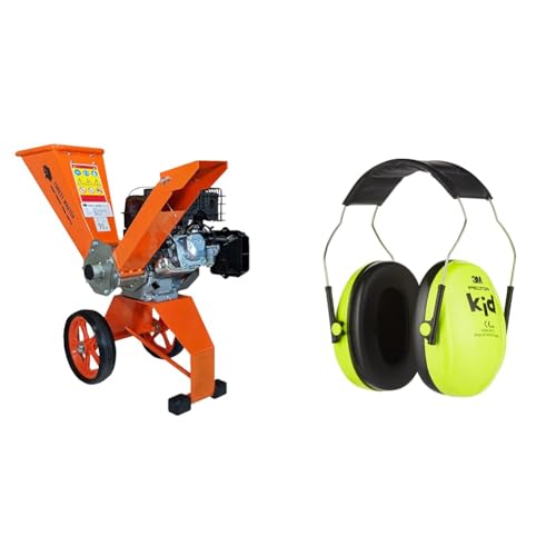 Forest Master FM6DD Benzin 4-Takt Motor Holz Garten Häcksler, 6 HP, Orange, 780 x 480 x 910 & 3M Peltor Kid Gehörschutz Kinder -neongrün- Kapselgehörschutz mit verstellbarem Kopfbügel von Forest Master