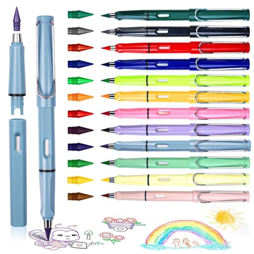 Forhome 12PCS Tintenlose Bleistifte Bunte Ewiger Bleistift Bleistifte Kinder Tintenlose Bleistifte Set Mit 12 Wechselkopfm, Radiergummi Kein Tintenstift Unendlicher Bleistift Ostern Geschenke Kinder von Forhome