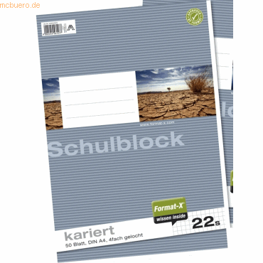 10 x Format-X Schulblock A4 70g/qm 4-fach gelocht 50 Blatt kariert von Format-X