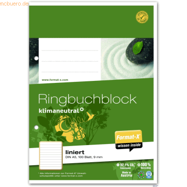 Format-X Ringbuchblock A5 70g 100 Blatt 9mm liniert von Format-X