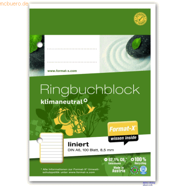 Format-X Ringbuchblock A6 70g 100 Blatt 9mm liniert von Format-X