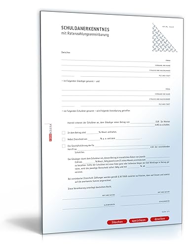 Schuldanerkenntnis mit Ratenzahlungsvereinbarung (PDF) [Download] von Formblitz AG