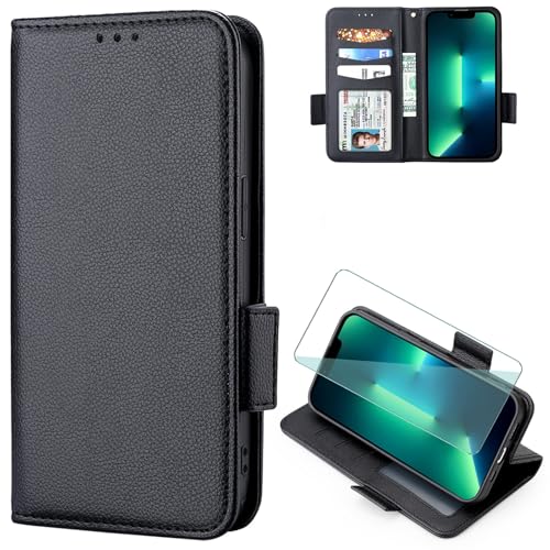 FortiCase Hülle + Displayschutzfolien für Alcatel 1L 2021,Flip Magnet Leder mit Hülle Kartenfach WalletStandfunktion Case,Klappbar Stoßfest Handyhülle - Black-LZ4 von FortiCase