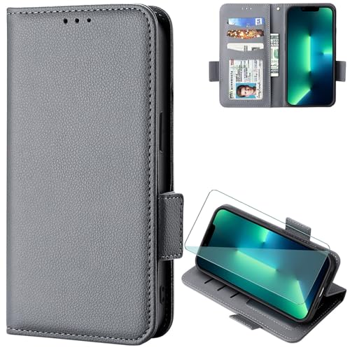 FortiCase Hülle + Displayschutzfolien für OnePlus Nord N10 5G,Flip Magnet Leder mit Hülle Kartenfach WalletStandfunktion Case,Klappbar Stoßfest Handyhülle - Grey-LZ4 von FortiCase