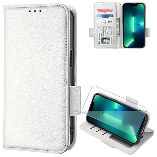 FortiCase Hülle + Displayschutzfolien für Oukitel P1,Flip Magnet Leder mit Hülle Kartenfach WalletStandfunktion Case,Klappbar Stoßfest Handyhülle - White-LZ4 von FortiCase