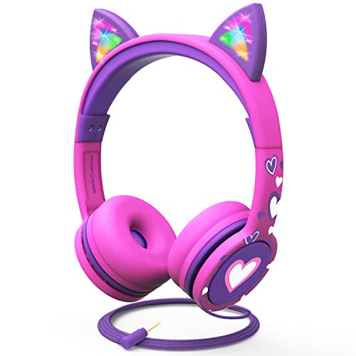 FosPower Kinderkopfhörer mit LED leuchten Katzenohren, 3,5-mm-On-Ear-Audio-Kopfhörer für Kinder mit geschnürtem, verwickelungsfreiem Kabel (max. 85 dB) - Pink/Lila von FosPower