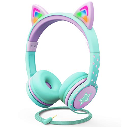 FosPower Kinderkopfhörer mit LED leuchten Katzenohren, 3,5-mm-On-Ear-Audio-Kopfhörer für Kinder mit geschnürtem, verwickelungsfreiem Kabel (max. 85 dB) - Türkis/Hellpurpur von FosPower