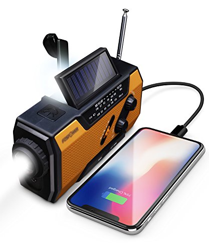 FosPower Solar Radio | 2000mAh kurbelradio Tragbar Notfall mit AM/FM, Wiederaufladbare Powerbank, Taschenlampe, Leseleuchte & SOS | für Wandern, Camping, Outdoor, Angeln, Notfall | Orange/Schwarz von FosPower