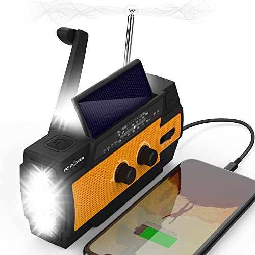 FosPower tragbares Radio 4000mAh (Modell- A3) Solar/Handkurbel/Batteriebetrieben Notfall Kurbelradio Externer Akku mit USB-Ladeanschluss, SOS und LED Taschenlampe fur Wandern, draussen (Orange) von FosPower