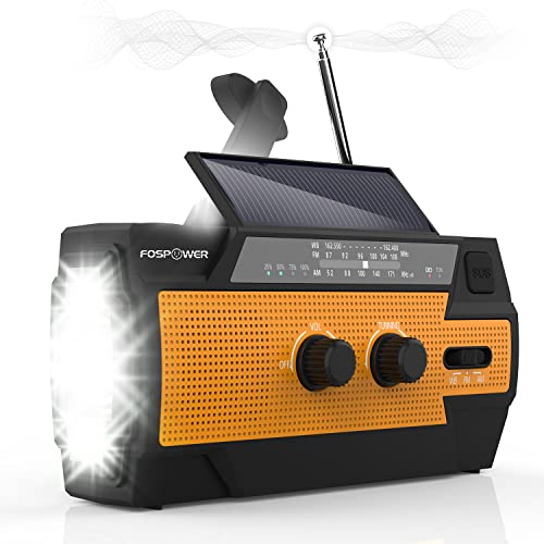 FosPower tragbares Radio 4000mAh (Modell- A3) Solar/Handkurbel/Batteriebetrieben Notfall Kurbelradio Externer Akku mit USB-Ladeanschluss, SOS und LED Taschenlampe fur Wandern, draussen (Orange) von FosPower