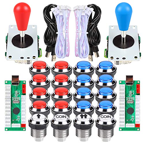 Fosiya 2 Spieler Arcade DIY Kit Arcade Ellipse Oval Style 8 Wege Fledermaus Joystick + LED Chrome Arcade Tasten für Videospiele Mame PC Windows Raspberry Pi 3 4 (Red Blue) von Fosiya