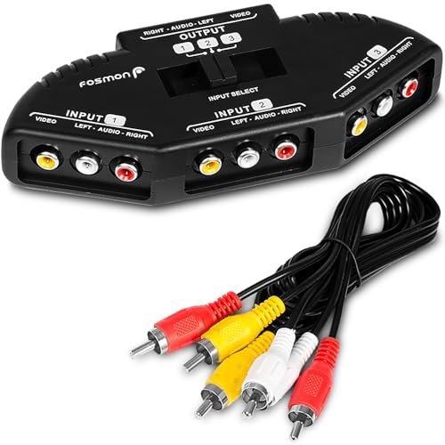 Fosmon 3-Wege Audio / Video RCA Switch Hub / Selector / Splitter/ Schalthebel /Umschalter/ Wahlschalter/ Verteiler/ Adapter mit 3 Input-Anschlüssen [+ 3 RCA (Cinch) Kabel] für Microsoft XBOX 360, playstation 3, PS3, Gamecube, Wii, DVD, VCR von Fosmon