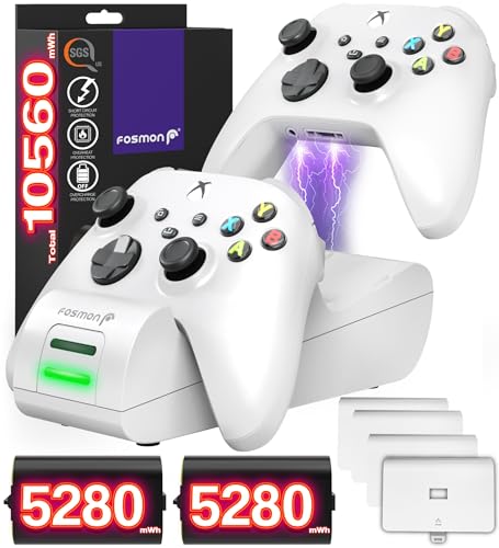 Fosmon DUAL 2 MAX Ladestation Kompatibel Mit Xbox Series X/S (2020), Xbox One/One X/One S Elite Controllers, Dual Docking Station + 2 x 2200mAh Wiederaufladbare Batterie Ladeschacht Station - Weiß von Fosmon