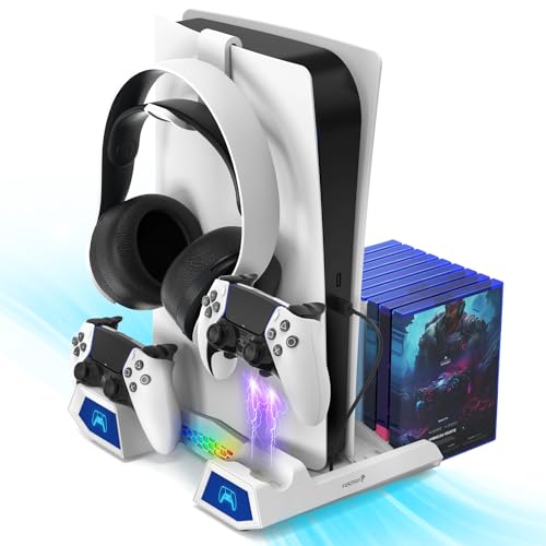 Fosmon PS5 Stand and Cooling Station with RGB LED Light, Dual Charging Station for DualSense/Edge Controller, 10 Game Slots, Headset Holder (Compatible with PlayStation 5 Slim Disc & Digital Version) von Fosmon