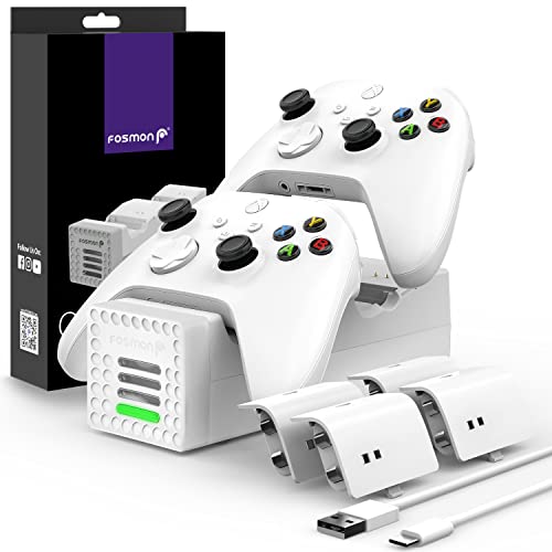 Fosmon Quad PRO 2 Ladestation Kompatibel Mit Xbox Series X/S, Xbox One/One X/One S Elite Controllers, Dual Docking Station + 2 Akku Ladegerät, 4 x 1000mAh Wiederaufladbare Batterie - Weiß von Fosmon
