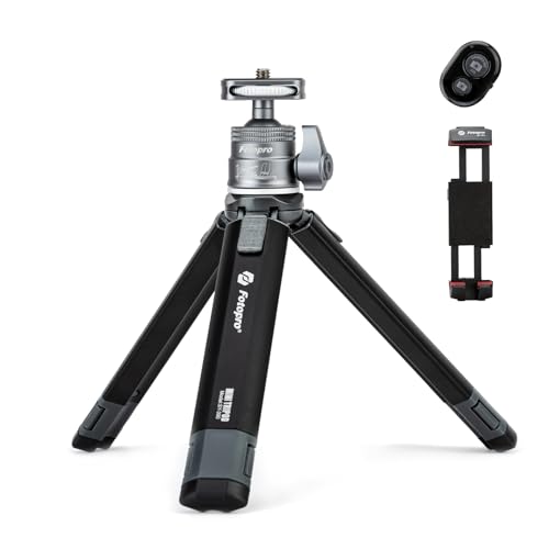 Fotopro Ausziehbares Mini-Kamera-Stativ, Aluminium-Legierung Handheld-Stativ mit Kugelkopf Telefonhalterung Universal Tablet Telefon Stativhalterung Bluetooth-Fernbedienung für Telefon DSLR-Kamera von Fotopro