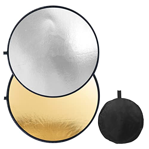 Fotopro Fotografie-Reflektor, 80 cm, 2-in-1, faltbare Multi-Disc, mit Tasche, Lichtreflektor für Studio-Fotografie-Beleuchtung und Außenaufnahmen, Silber, Gold von Fotopro